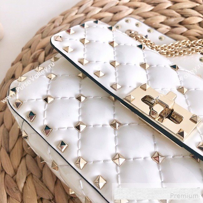Valentino Small Rockstud Spike Handle Shoulder Bag in Patent Soft Lambskin Leather White 2019 (JJ-9061142)