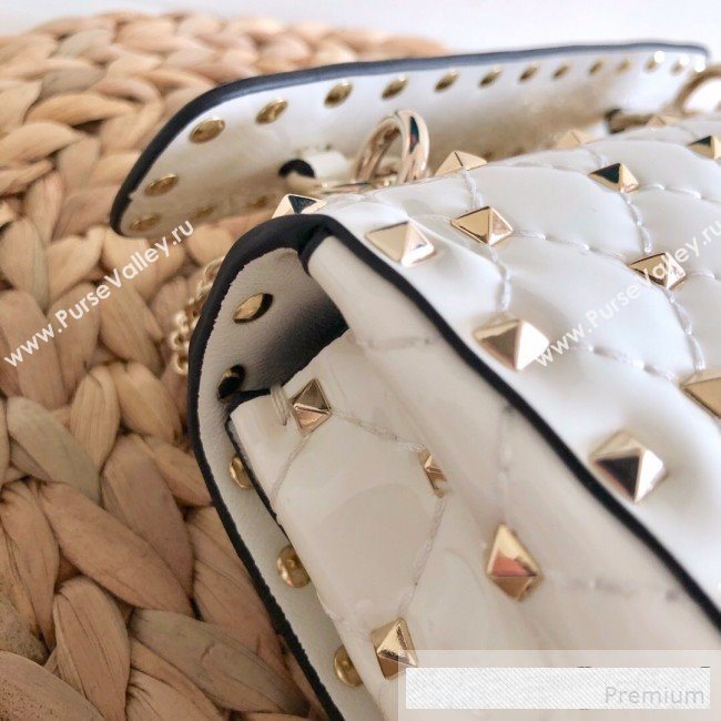 Valentino Small Rockstud Spike Handle Shoulder Bag in Patent Soft Lambskin Leather White 2019 (JJ-9061142)