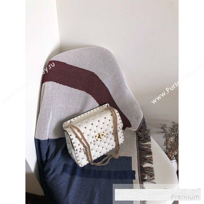 Valentino Medium Rockstud Spike Handle Shoulder Bag in Patent Soft Lambskin Leather White 2019 (JJ-9061143)