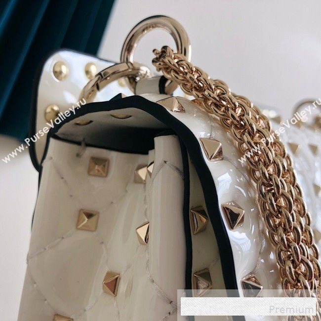 Valentino Medium Rockstud Spike Handle Shoulder Bag in Patent Soft Lambskin Leather White 2019 (JJ-9061143)