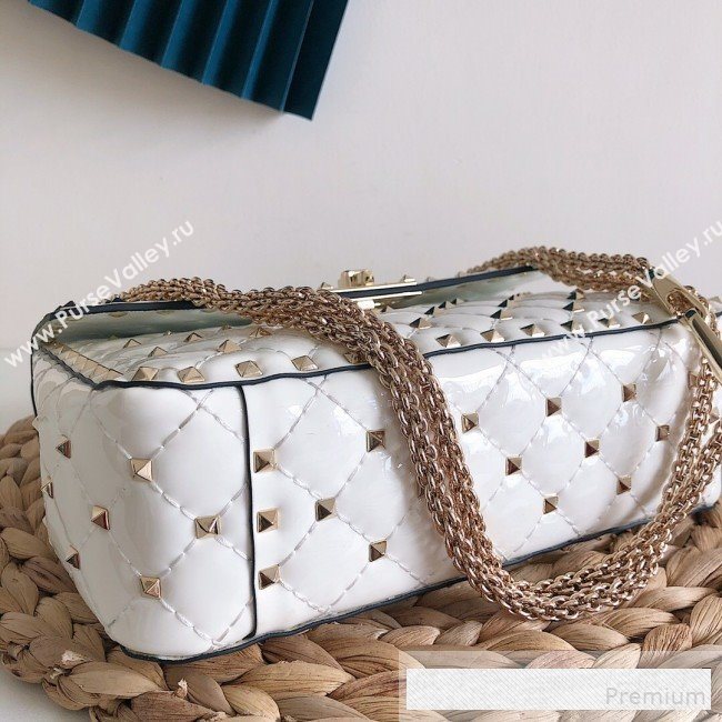 Valentino Medium Rockstud Spike Handle Shoulder Bag in Patent Soft Lambskin Leather White 2019 (JJ-9061143)