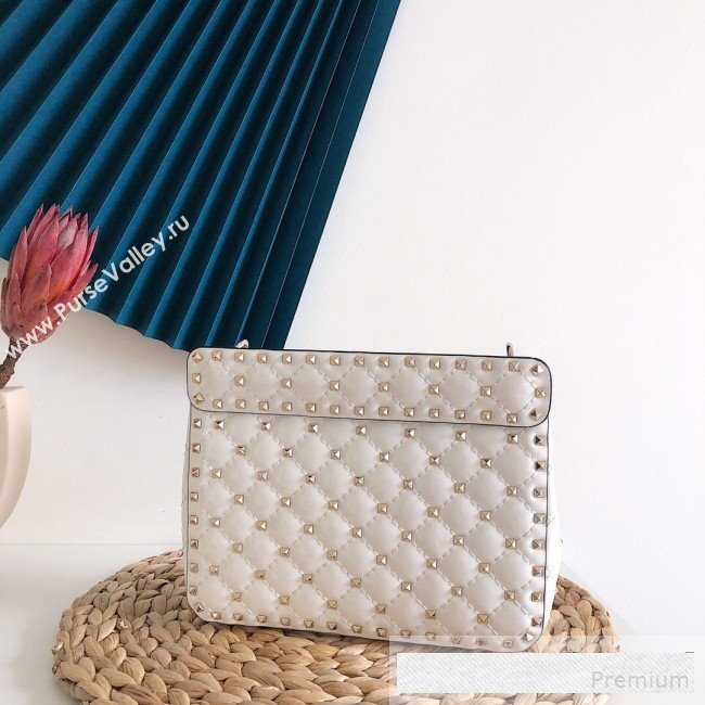 Valentino Medium Rockstud Spike Handle Shoulder Bag in Patent Soft Lambskin Leather White 2019 (JJ-9061143)