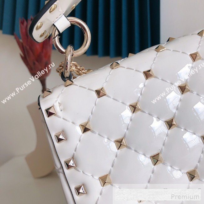 Valentino Medium Rockstud Spike Handle Shoulder Bag in Patent Soft Lambskin Leather White 2019 (JJ-9061143)