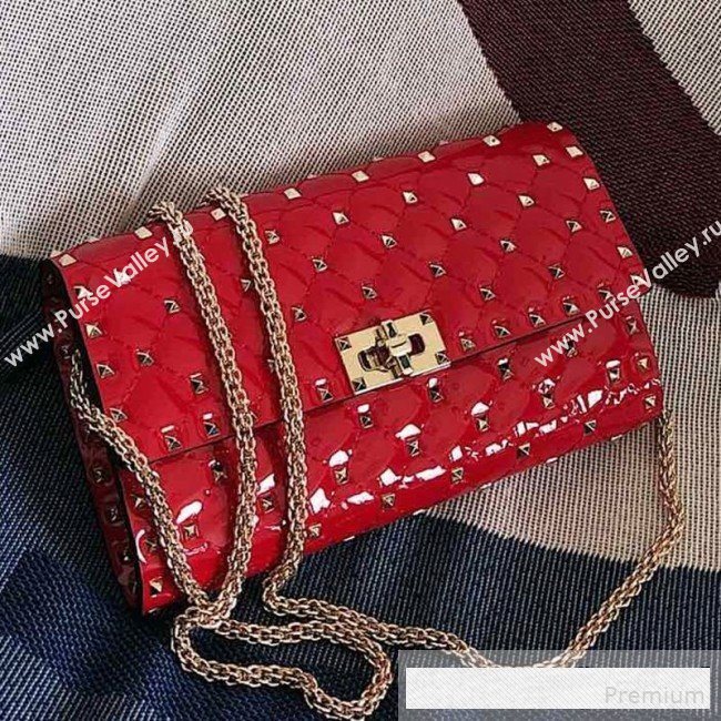 Valentino Rockstud Spike Chain Clutch Crossbody Bag in Patent Calfskin Leather Red 2019 (JJ-9061144)