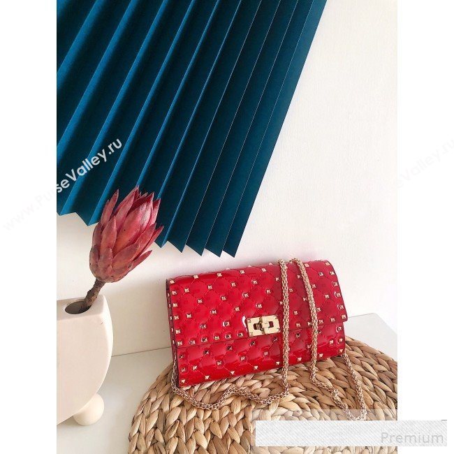 Valentino Rockstud Spike Chain Clutch Crossbody Bag in Patent Calfskin Leather Red 2019 (JJ-9061144)