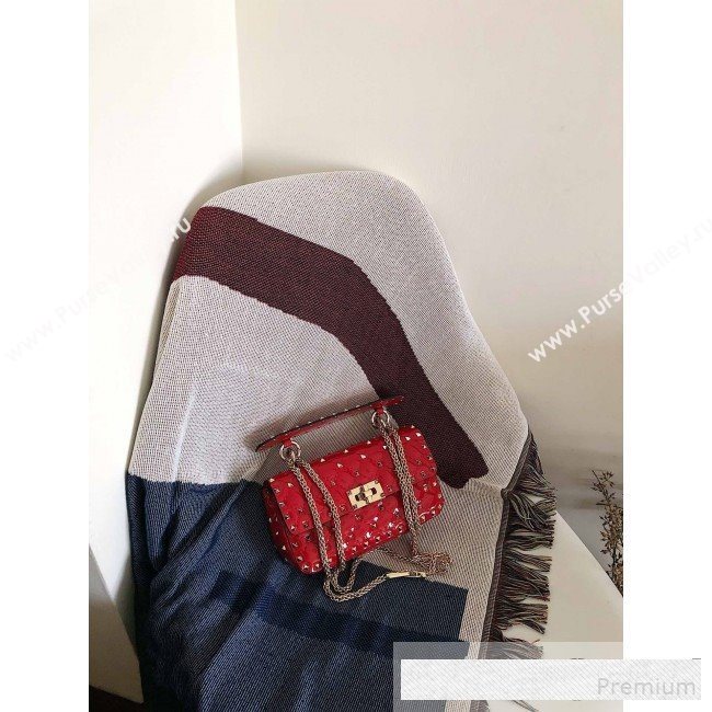 Valentino Small Rockstud Spike Handle Shoulder Bag in Patent Soft Lambskin Leather Red 2019 (JJ-9061145)