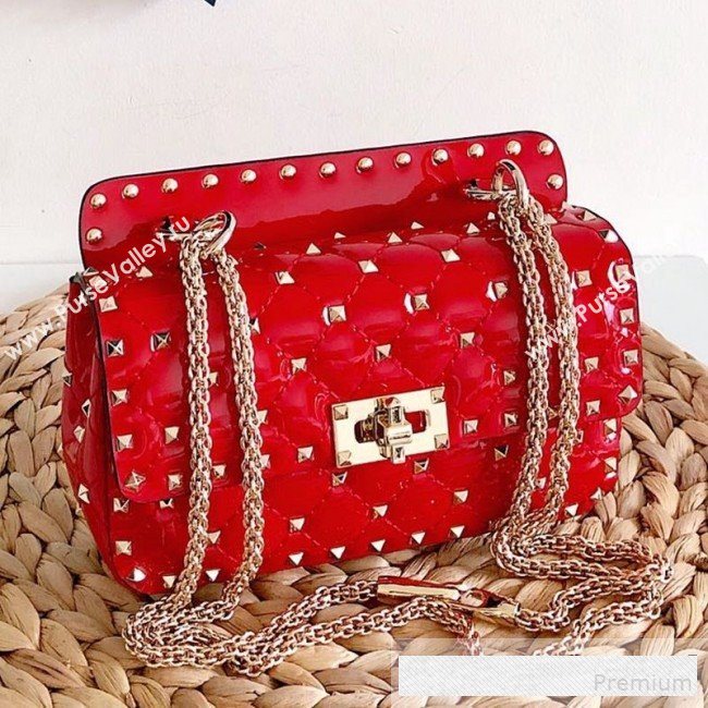 Valentino Small Rockstud Spike Handle Shoulder Bag in Patent Soft Lambskin Leather Red 2019 (JJ-9061145)