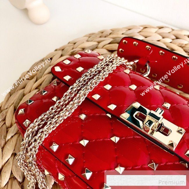 Valentino Small Rockstud Spike Handle Shoulder Bag in Patent Soft Lambskin Leather Red 2019 (JJ-9061145)
