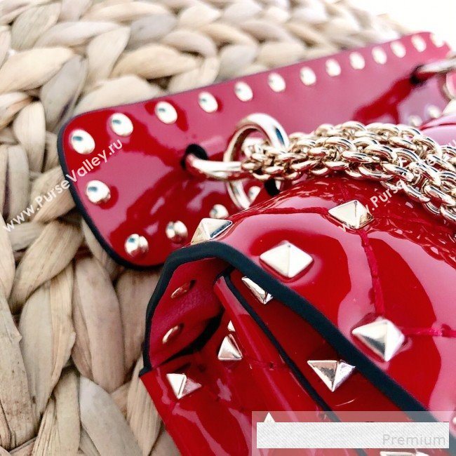 Valentino Small Rockstud Spike Handle Shoulder Bag in Patent Soft Lambskin Leather Red 2019 (JJ-9061145)