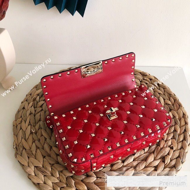 Valentino Small Rockstud Spike Handle Shoulder Bag in Patent Soft Lambskin Leather Red 2019 (JJ-9061145)