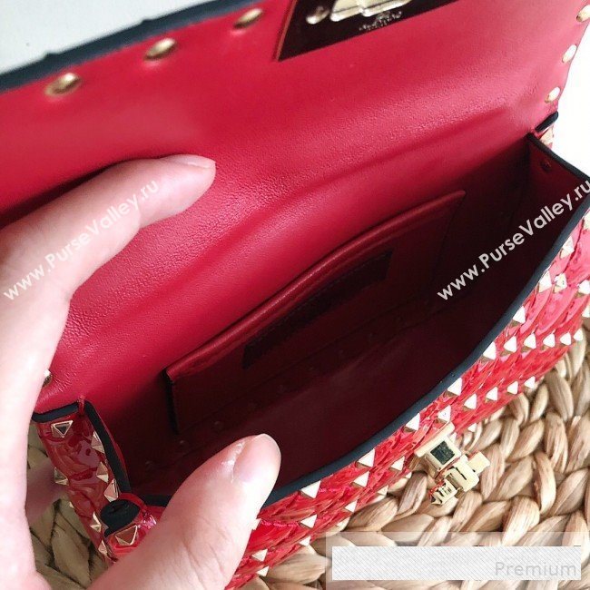 Valentino Small Rockstud Spike Handle Shoulder Bag in Patent Soft Lambskin Leather Red 2019 (JJ-9061145)