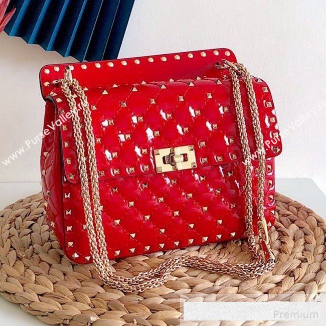 Valentino Medium Rockstud Spike Handle Shoulder Bag in Patent Soft Lambskin Leather Red 2019 (JJ-9061146)