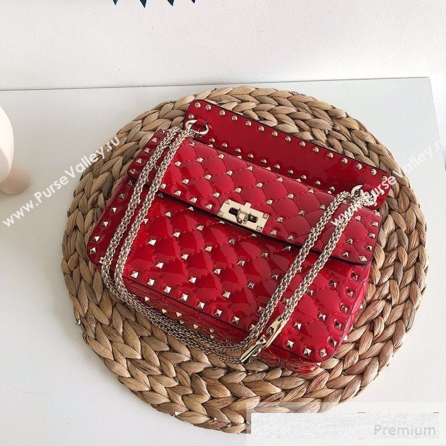 Valentino Medium Rockstud Spike Handle Shoulder Bag in Patent Soft Lambskin Leather Red 2019 (JJ-9061146)