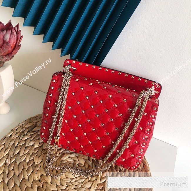Valentino Medium Rockstud Spike Handle Shoulder Bag in Patent Soft Lambskin Leather Red 2019 (JJ-9061146)