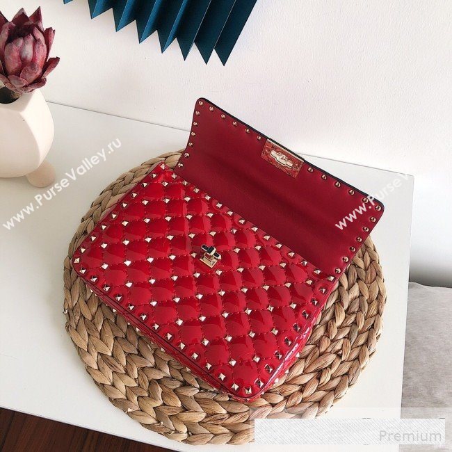 Valentino Medium Rockstud Spike Handle Shoulder Bag in Patent Soft Lambskin Leather Red 2019 (JJ-9061146)