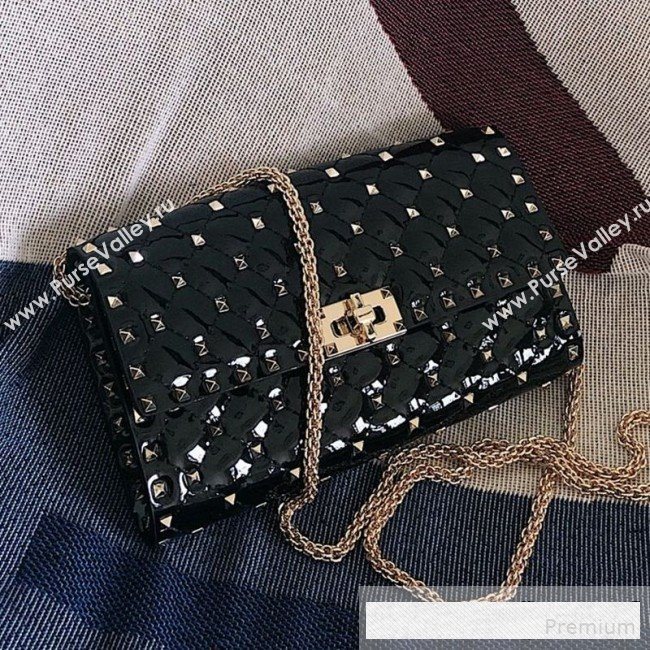 Valentino Rockstud Spike Chain Clutch Crossbody Bag in Patent Calfskin Leather Black 2019 (JJ-9061147)