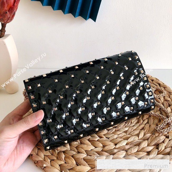 Valentino Rockstud Spike Chain Clutch Crossbody Bag in Patent Calfskin Leather Black 2019 (JJ-9061147)