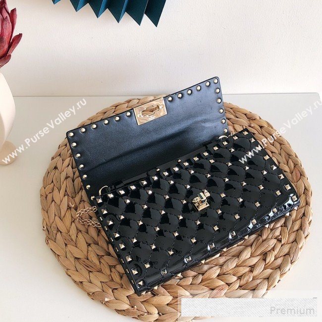 Valentino Rockstud Spike Chain Clutch Crossbody Bag in Patent Calfskin Leather Black 2019 (JJ-9061147)