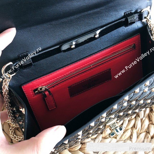 Valentino Rockstud Spike Chain Clutch Crossbody Bag in Patent Calfskin Leather Black 2019 (JJ-9061147)