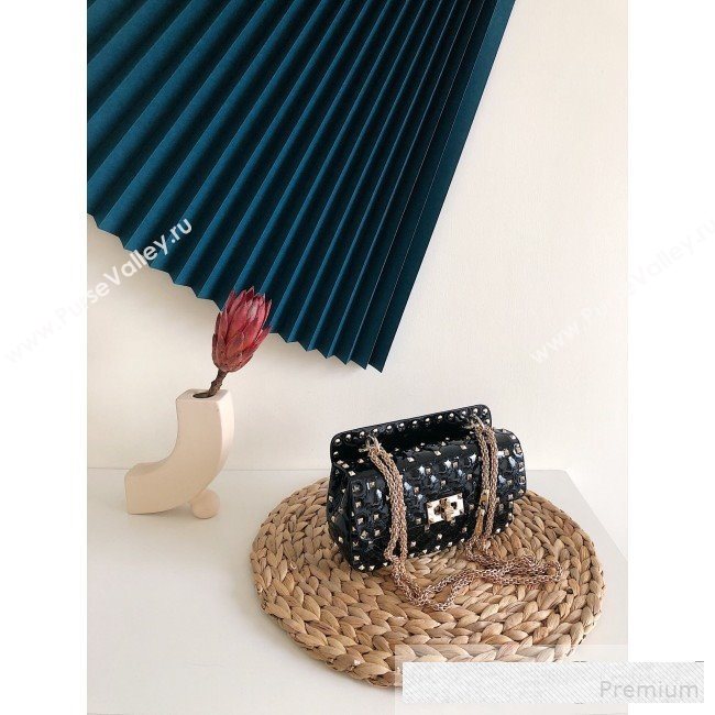 Valentino Small Rockstud Spike Handle Shoulder Bag in Patent Soft Lambskin Leather Black 2019 (JJ-9061148)