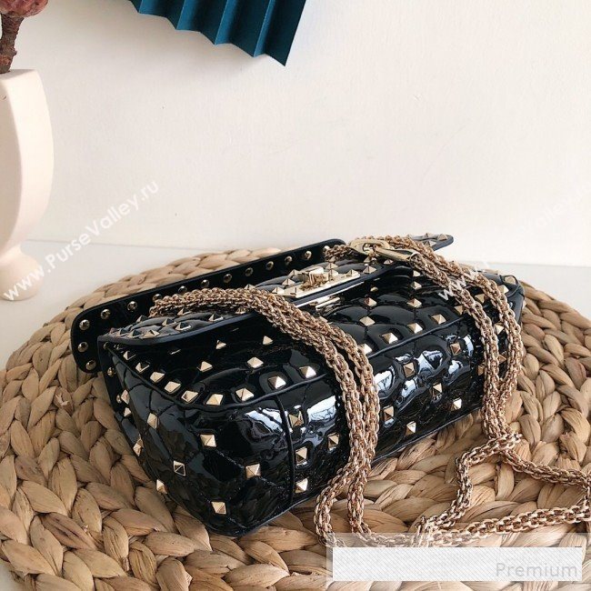 Valentino Small Rockstud Spike Handle Shoulder Bag in Patent Soft Lambskin Leather Black 2019 (JJ-9061148)