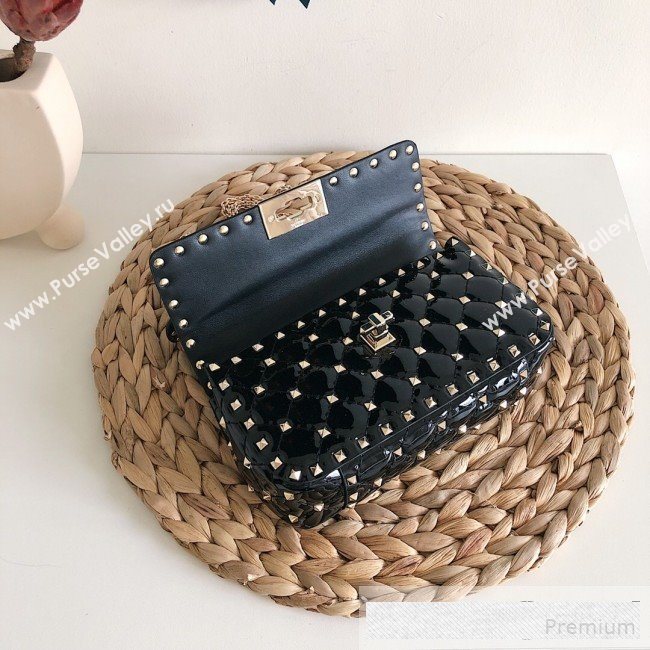 Valentino Small Rockstud Spike Handle Shoulder Bag in Patent Soft Lambskin Leather Black 2019 (JJ-9061148)