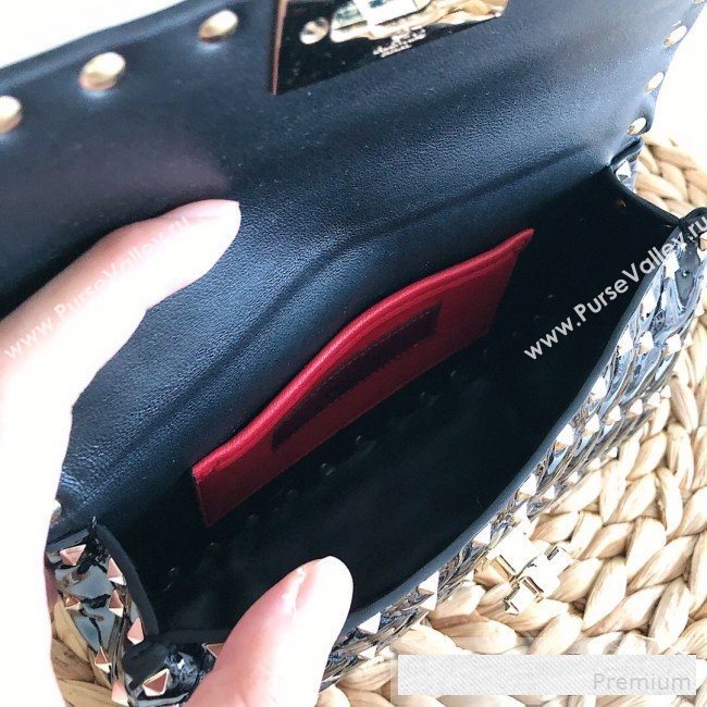 Valentino Small Rockstud Spike Handle Shoulder Bag in Patent Soft Lambskin Leather Black 2019 (JJ-9061148)