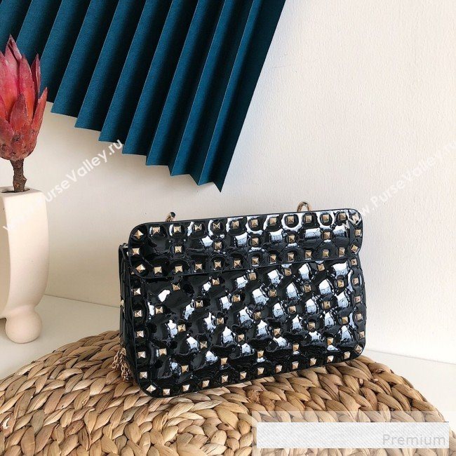 Valentino Small Rockstud Spike Handle Shoulder Bag in Patent Soft Lambskin Leather Black 2019 (JJ-9061148)