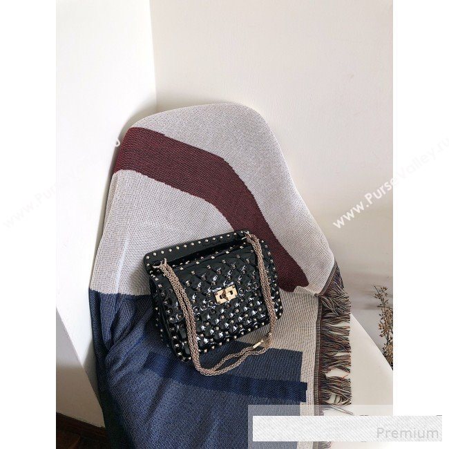 Valentino Medium Rockstud Spike Handle Shoulder Bag in Patent Soft Lambskin Leather Black 2019 (JJ-9061149)