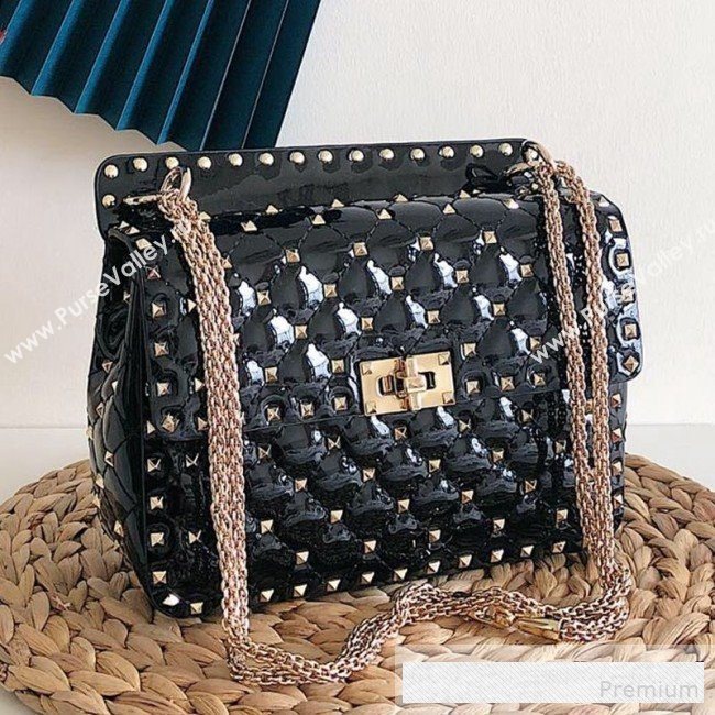 Valentino Medium Rockstud Spike Handle Shoulder Bag in Patent Soft Lambskin Leather Black 2019 (JJ-9061149)