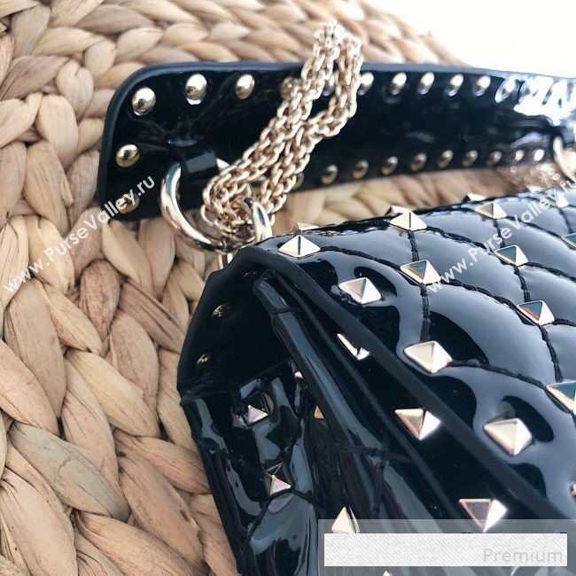 Valentino Medium Rockstud Spike Handle Shoulder Bag in Patent Soft Lambskin Leather Black 2019 (JJ-9061149)