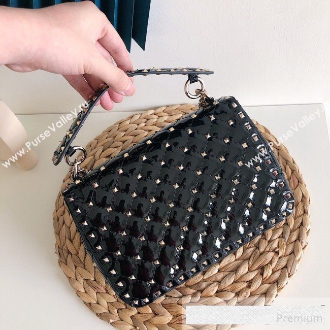 Valentino Medium Rockstud Spike Handle Shoulder Bag in Patent Soft Lambskin Leather Black 2019 (JJ-9061149)