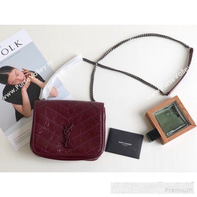 Saint Laurent Niki Chain Wallet WOC in Crinkled Vintage Leather 583103 Burgundy 2019 (KTS-9061158)