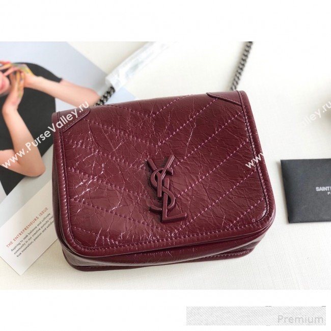Saint Laurent Niki Chain Wallet WOC in Crinkled Vintage Leather 583103 Burgundy 2019 (KTS-9061158)