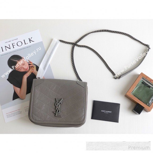 Saint Laurent Niki Chain Wallet WOC in Crinkled Vintage Leather 583103 Light Grey 2019 (KTS-9061159)