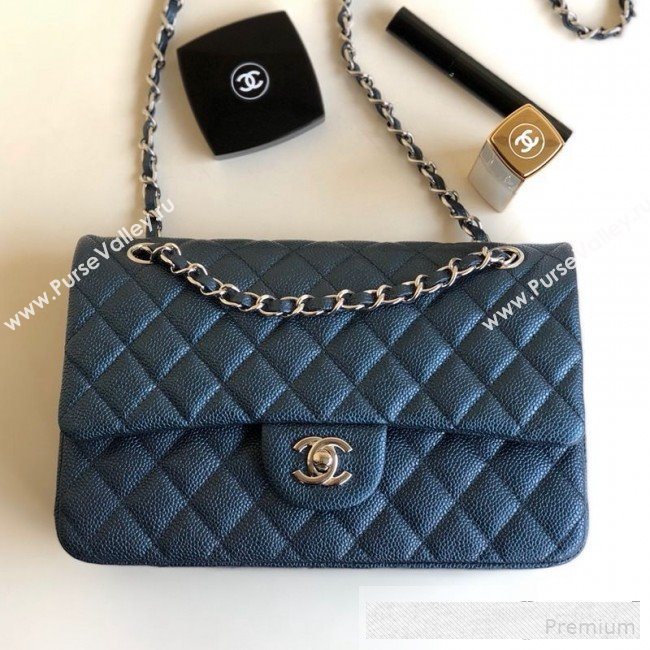 Chanel Medium Iridescent Quilted Coarse Grained Leather Classic Flap Bag Blue 2019 (YD-9061455)