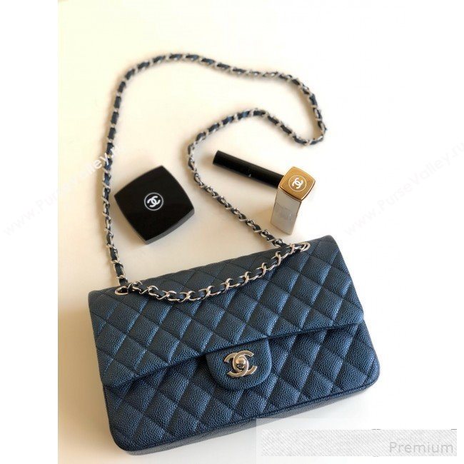Chanel Medium Iridescent Quilted Coarse Grained Leather Classic Flap Bag Blue 2019 (YD-9061455)