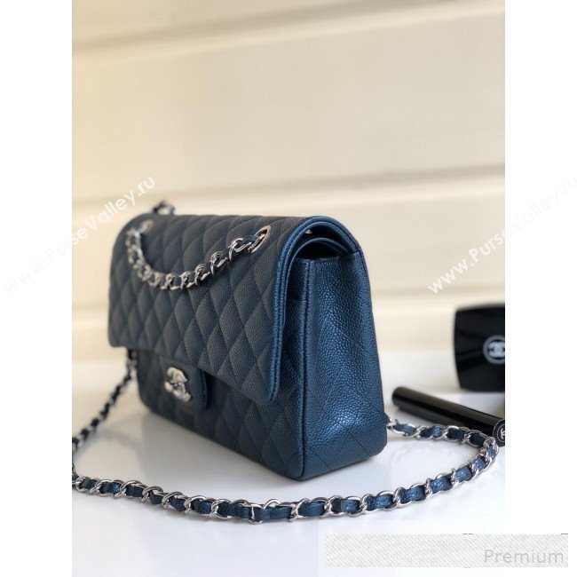 Chanel Medium Iridescent Quilted Coarse Grained Leather Classic Flap Bag Blue 2019 (YD-9061455)