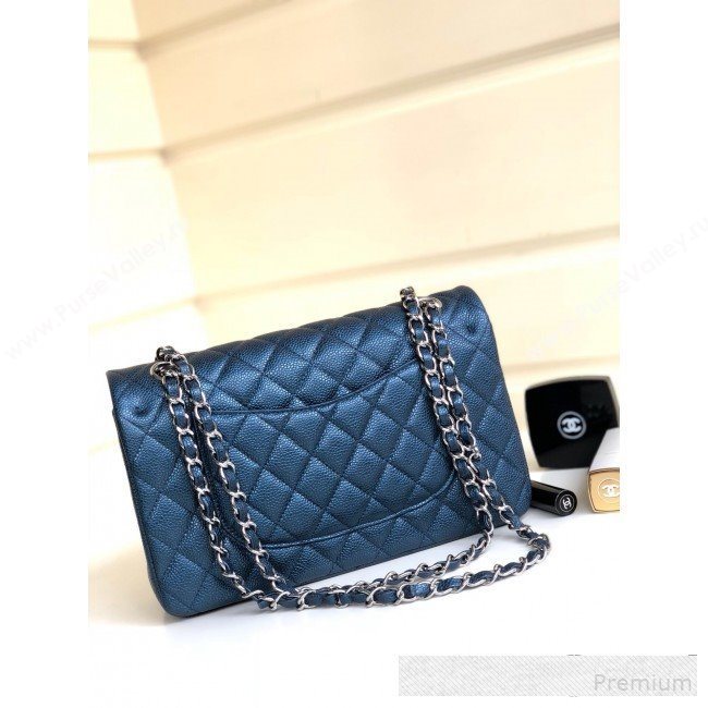 Chanel Medium Iridescent Quilted Coarse Grained Leather Classic Flap Bag Blue 2019 (YD-9061455)