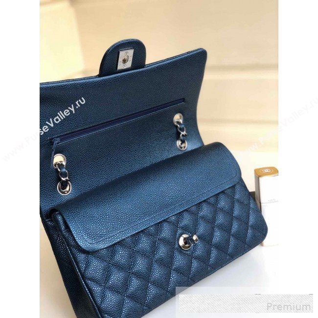 Chanel Medium Iridescent Quilted Coarse Grained Leather Classic Flap Bag Blue 2019 (YD-9061455)