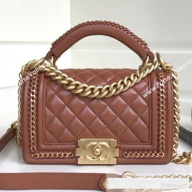 Chanel Chain Trim Quilted Leather Classic Small Boy Flap Top Handle Bag Brown 2019 (YD-9061460)