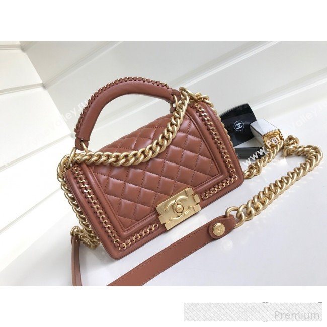 Chanel Chain Trim Quilted Leather Classic Small Boy Flap Top Handle Bag Brown 2019 (YD-9061460)
