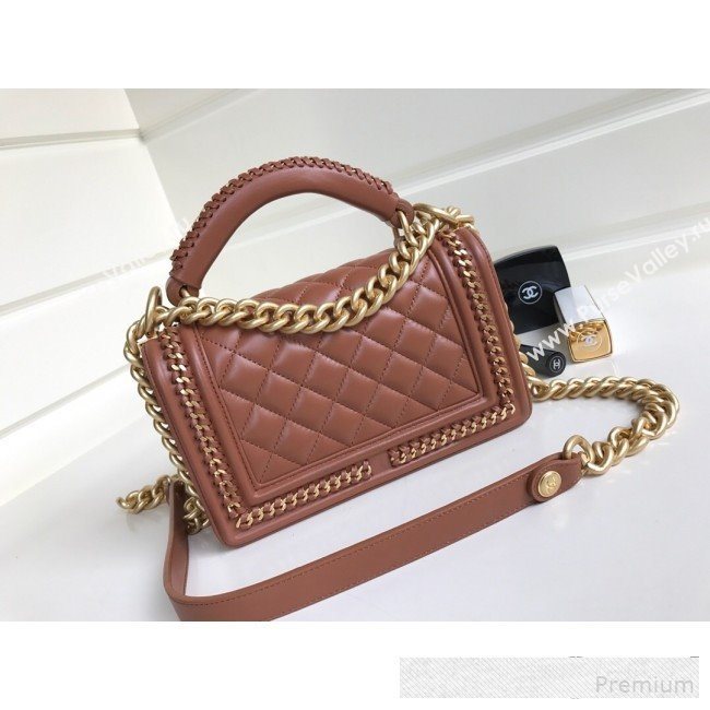 Chanel Chain Trim Quilted Leather Classic Small Boy Flap Top Handle Bag Brown 2019 (YD-9061460)