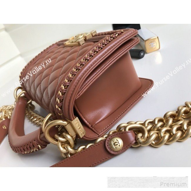 Chanel Chain Trim Quilted Leather Classic Small Boy Flap Top Handle Bag Brown 2019 (YD-9061460)