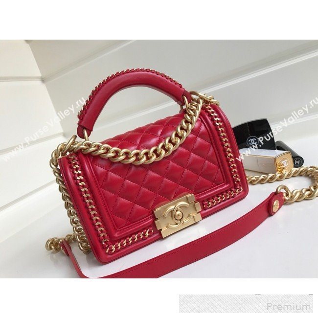 Chanel Chain Trim Quilted Leather Classic Small Boy Flap Top Handle Bag Red 2019 (YD-9061461)