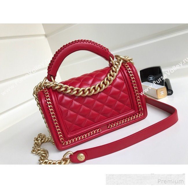 Chanel Chain Trim Quilted Leather Classic Small Boy Flap Top Handle Bag Red 2019 (YD-9061461)