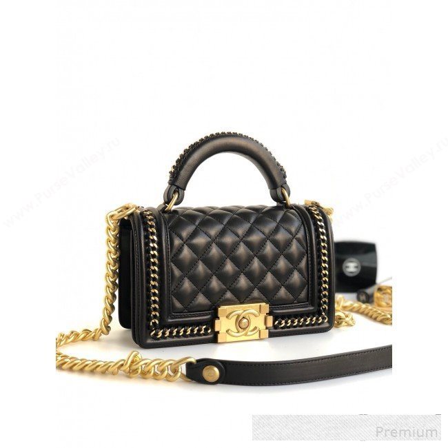 Chanel Chain Trim Quilted Leather Classic Small Boy Flap Top Handle Bag Black 2019 (YD-9061462)
