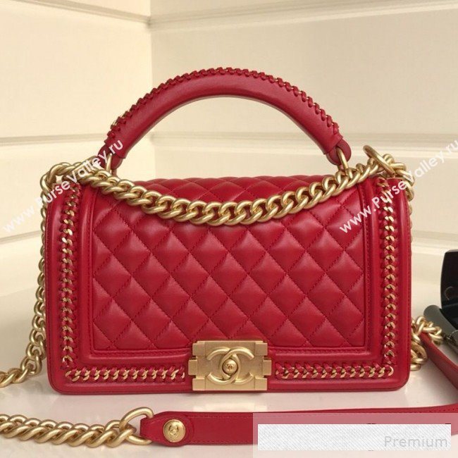 Chanel Chain Trim Quilted Leather Classic Medium Boy Flap Top Handle Bag Red 2019 (YD-9061464)