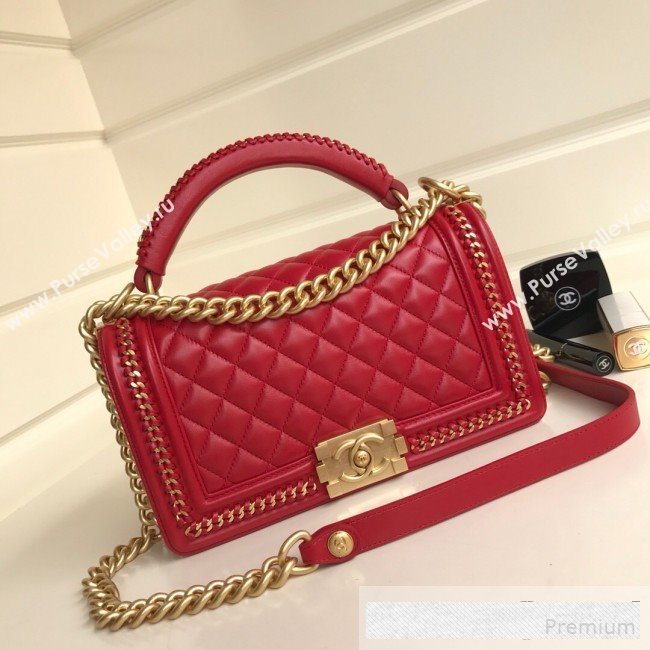 Chanel Chain Trim Quilted Leather Classic Medium Boy Flap Top Handle Bag Red 2019 (YD-9061464)