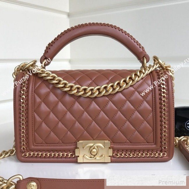 Chanel Chain Trim Quilted Leather Classic Medium Boy Flap Top Handle Bag Brown 2019 (YD-9061463)